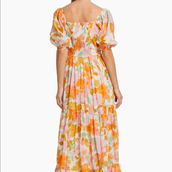 MILLE Manon Floral Cotton Tiered Maxi Dress Puff Sleeve Smocked Med- NWT - Picture 2 of 8